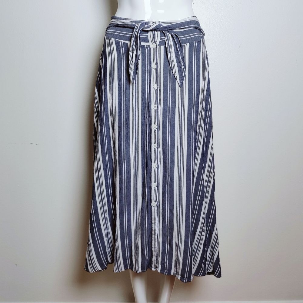 En Creme Blue White Striped Tie Waist A-Line Button Down Casual Skater Skirt, L